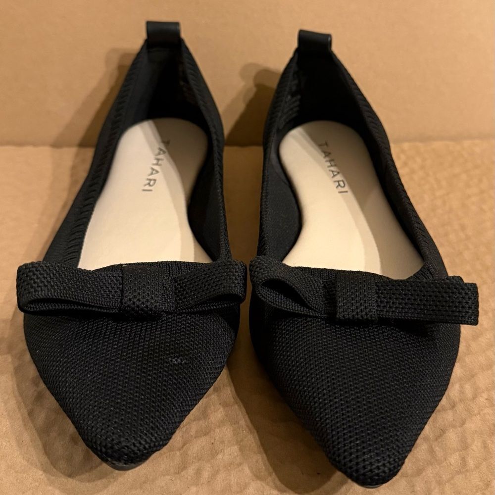 TAHARI Athens Black Bow Slip On Knit Ballerina Pointy Toe Classic Flats Size 9